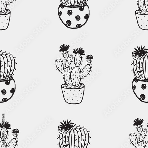 Seamless black and white pattern of prickly pear cacti in polka dot and plain pots. Decorative sketch design for backgrounds. Hand drawn vector sketch illustration in vintage crayon charcoal style.