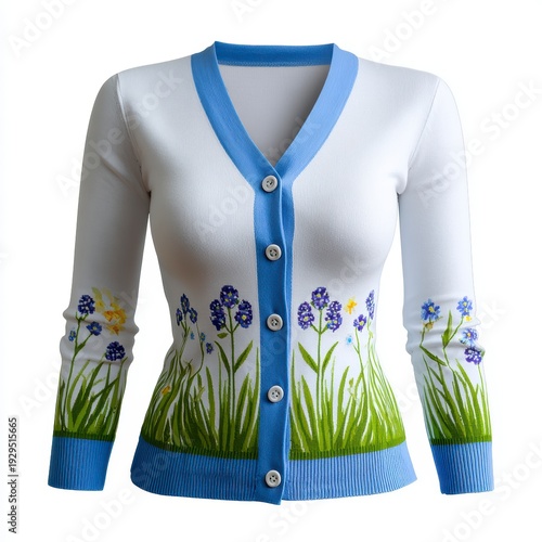 Floral Cardigan Sweater in White and Blue with Detailed Floral Embroidery on White Background