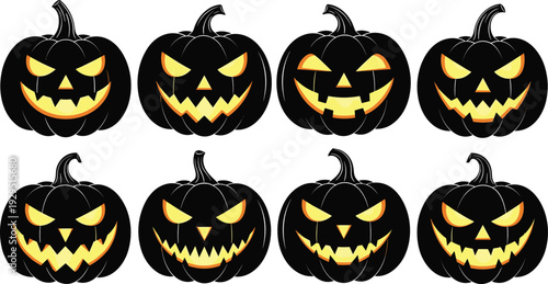 Scary Halloween Pumpkin Faces Collection with Glowing Jack O Lantern Expressions Flat Vector Illustration Set