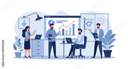 Business professionals analyzing data and collaborating in a modern office environment from a slightly elevated viewpoint