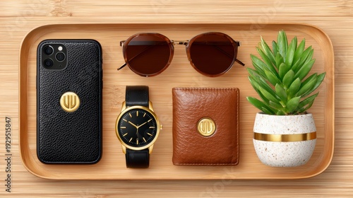 Flat Lay Of Mens Accessories Including Phone Watch Sunglasses Wallet And Plant On Wooden Tray