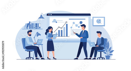 Business professionals analyzing data on a large screen with graphs and charts in a modern office setting from a slightly elevated viewpoint