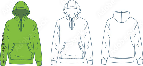Three hoodies with front pockets and drawstrings in green and white colors