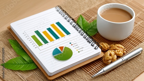 Business Graph Analysis Notepad with Coffee and Walnuts on a Wooden Table
