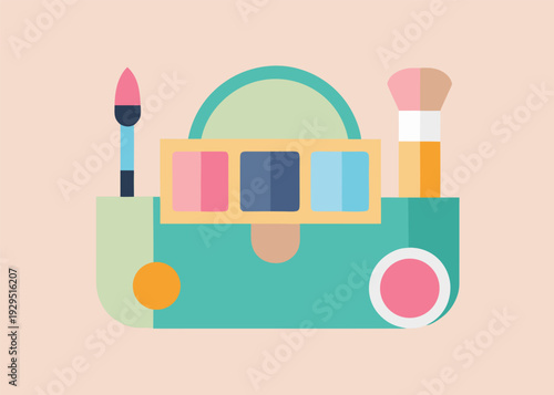 An open teal beauty bag displays makeup essentials including eyeshadow palette with pink, blue, and yellow shades, lipstick, and a blush compact.