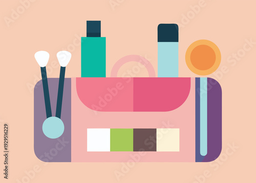 A pink beauty bag features various makeup essentials such as cosmetic bottles, two brushes, an eyeshadow palette with diverse colors, and a compact.