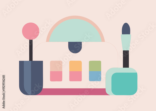 An off-white beauty bag showcases makeup essentials including an eyeshadow palette with pastel shades, a makeup brush, nail polish, and a blush compact.