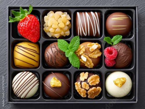 Assortment Of Gourmet Chocolates And Fresh Berries In A Gift Box
