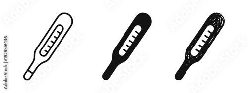 Medical thermometer icon set. Health, fever, temperature, and sickness symbols in outline, solid, and doodle styles.