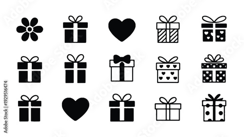 A collection of 15 gift and heart illustrations arranged in three rows against a plain white background
