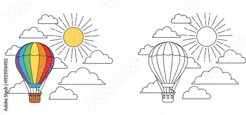 Hot Air Balloon Coloring Book Page Vector Illustration. Colored and Black and White Outline Version with Sun and Clouds for Kids.
