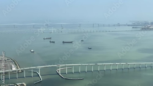 Macau Tower View of Macau Peninsula and Sea Bridges Connecting Taipa and Coloane. From far to near, they're the Ponte Macau, the Friendship Bridge, and the Governor Nobre de Carvalho Bridge.