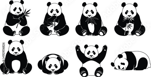 Cartoon panda, cute panda poses, bamboo eating, playful panda, sleeping panda, wildlife illustration, animal character, children activity, vector art, flavector