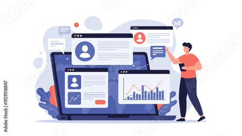 Digital analyst working on a laptop displaying user profiles and data statistics in a clean modern interface illustration.