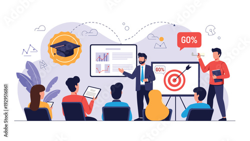 Business trainer presenting growth strategies and target achievement data to a group of attentive students during a workshop session.
