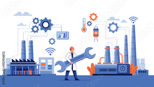 Industrial maintenance worker in a hard hat holding a giant wrench in front of automated factory machinery and smart towers.