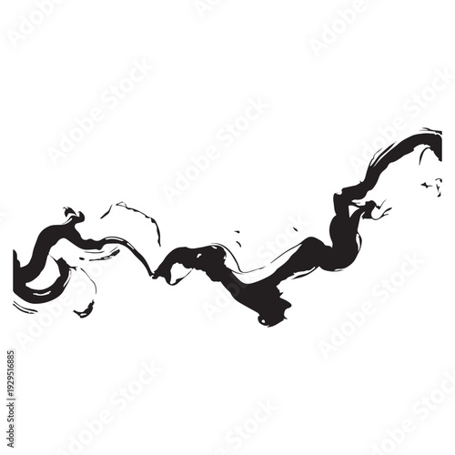 Abstract black ink stroke on white background representing fluid motion smoke trail or organic wave shape