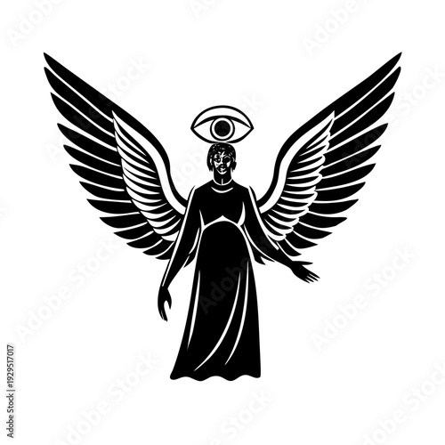Mysterious angel with all-seeing eye and wings spread wide in darkness