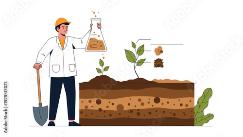 Agricultural scientist in a lab coat and helmet pouring nutrients onto plants while studying soil layers and crop health.