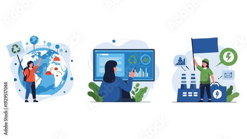 Trio of professional women managing ecological data, industrial energy efficiency, and global environmental protection tasks.