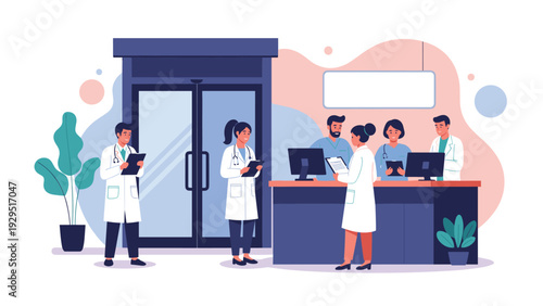 Diverse medical team of doctors and nurses working at a hospital reception desk while managing patient records and data.