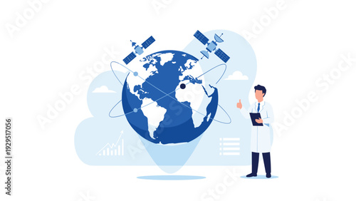 Professional scientist in a lab coat standing next to earth with orbiting satellites and taking notes on global data metrics.