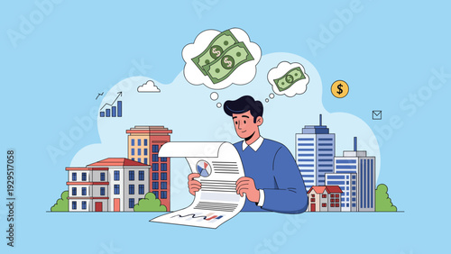 Investor reviewing financial reports with dollar sign icons dreaming of wealth and profit in urban real estate market setting.