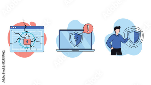 Cybersecurity concepts set illustrating digital data protection with broken screens and shields representing network security risks.