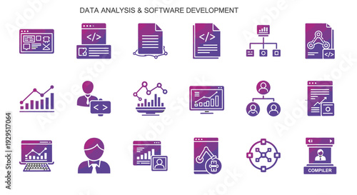 Vibrant gradient icon collection for data analysis, software development, programming, statistics, database management, and business technology.