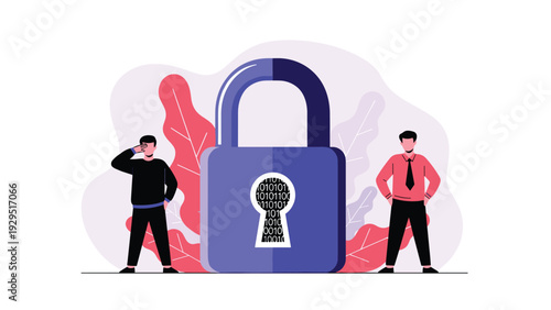 Security experts standing by giant padlock with binary code keyhole representing data encryption and digital privacy protection.