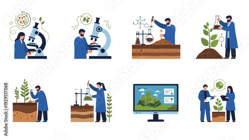 Collection of scientific research scenes featuring biologists and environmentalists studying plants and soil in laboratory settings.