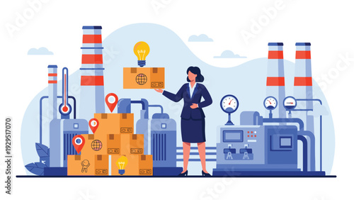 Professional woman in business suit presenting innovative shipping solutions in industrial factory warehouse with logistics icons.