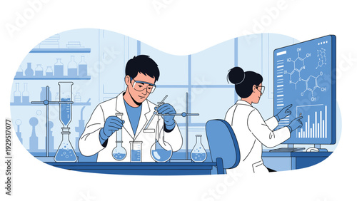 Laboratory researchers working with chemical flasks and analyzing complex data on digital interface in modern scientific facility.