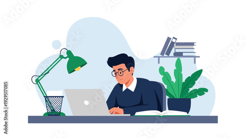 Young student focused on online learning using laptop at home desk with study lamp and books in comfortable workspace environment.