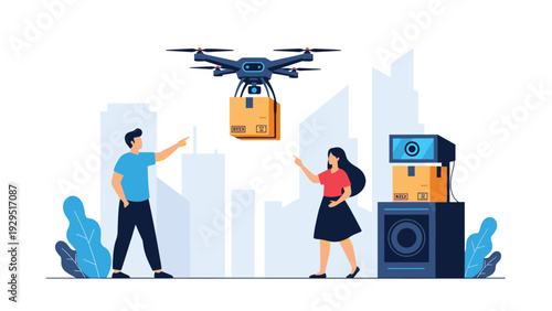 Urban delivery service illustration with drone carrying package to customers standing in modern city skyline background environment.
