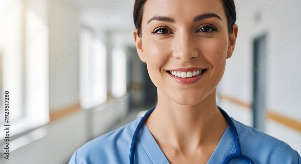 Fototapeta premium Smiling female nurse standing in hospital corridor