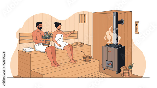 Relaxed couple enjoying traditional wooden sauna therapy with steam from hot stones for health and wellness spa treatment session.