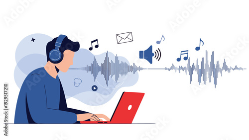 Creative professional wearing headphones while working on audio editing or music production project using laptop with sound waves.