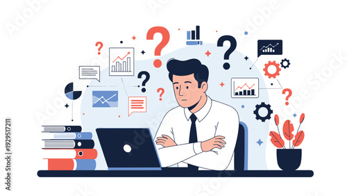 Stressed businessman trying to solve complex problems while looking at laptop surrounded by question marks and data charts.