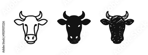 Cow Head Icons Set Featuring Outline, Solid Glyph, and Hand-Drawn Doodle Styles
