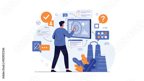 Industrial engineer monitoring factory production processes using complex digital dashboard with various data visualization tools.