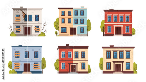 Residential property renovation set showing before and after states of houses being repaired and modernized for real estate value.