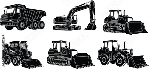 Construction heavy equipment set, excavator bulldozer loader and dump truck silhouettes isolated on white background for industry, engineering, machinery, building design