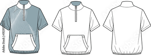 Three Short Sleeve Shirts with Zipper Necklines and Front Pockets in Blue and White