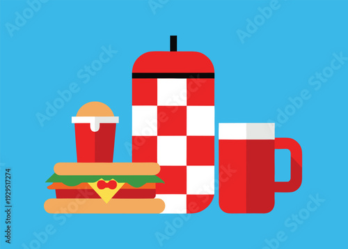 A set of outdoor picnic essentials including a sandwich, drink cup, checkered thermos, and mug against a blue background.