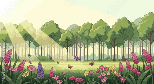 Cartoon illustration shows vibrant wildflowers with butterflies in a forest clearing, where sunlight streams through tall trees, creating a peaceful and whimsical atmosphere.