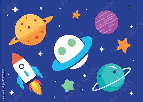 A collection of colorful planets, stars, and a rocket ship floating in outer space against a dark blue background.