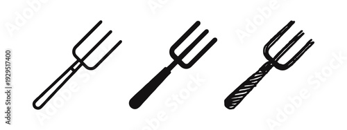 Pitchfork Icons Set in Outline, Solid Glyph, and Hand-Drawn Doodle Styles for Farm Tools