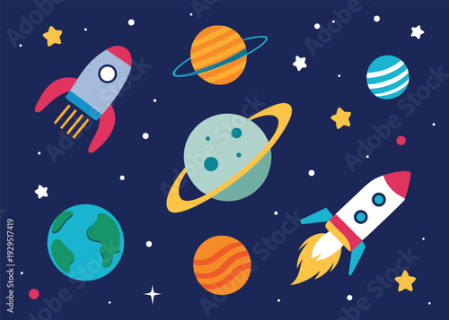 An illustration of various planets, two rockets, and Earth against a deep blue cosmic background, representing space exploration.
