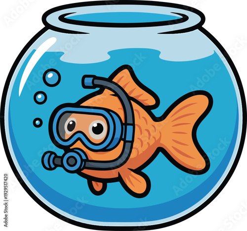 A cartoon goldfish wearing scuba gear swims inside a glass bowl, viewed from the side in a close-up illustration